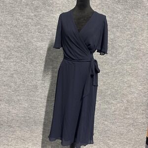 Lauren Ralph Lauren Dress Womens 4 Navy Wrap Midi Flutter Sleeve Belted V Neck